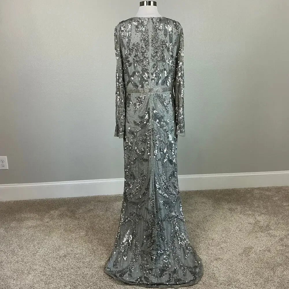 Mac Duggal 5222 Silver Evening Gown Sequined Long Sleeve A-Line Dress Size 12 - Picture 7 of 12